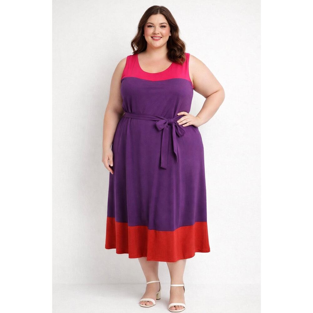 222-ELLE Colorblock Midi Dress Womens 16 Purple Pink Red Sleeveless Tie Waist